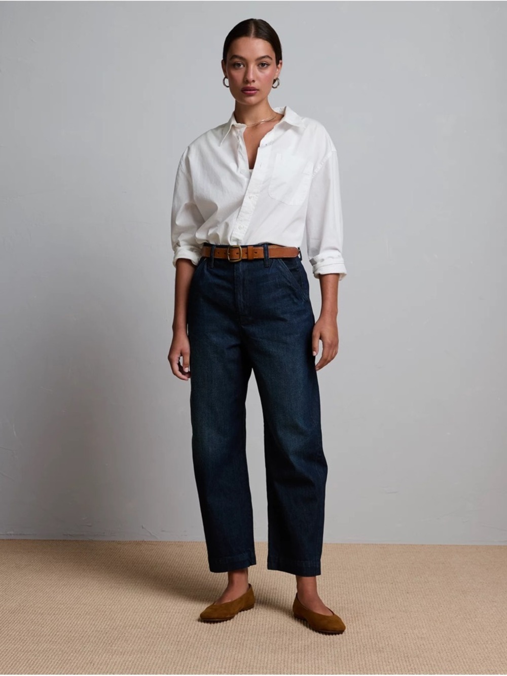 AE77 Premium Barrel Jeans High Rise Utility Sculpted Leg Neutral Minimalist [00]